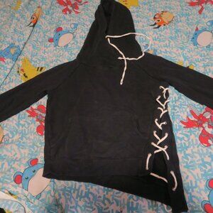 NSF Enzo Black Hoodie Lace-Up Sweatshirt, Size Small Asymmetrical Hem $249